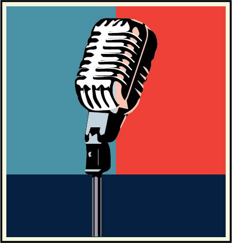 A microphone stylized like the Obama Hope poster